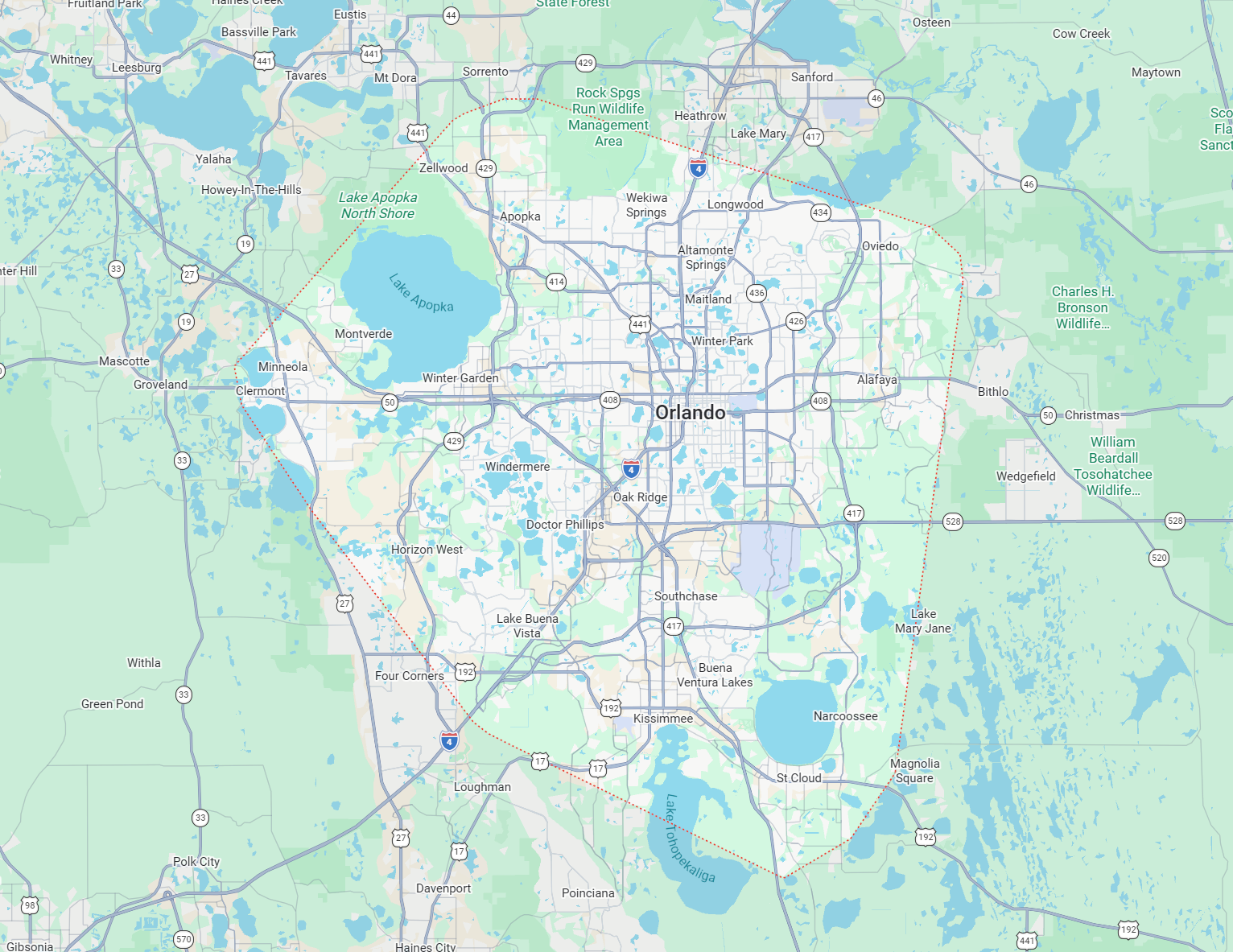 Google Maps view of the Orlando and Kissimmee region with the Mr Smart Tech service area outlined